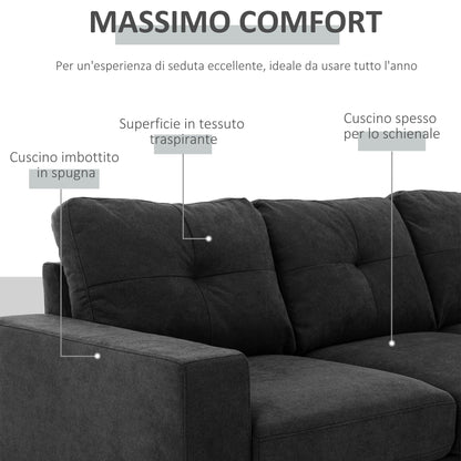 3 Seater Corner Sofa with Reversible Peninsula and Cushions, in Linen Effect Fabric, 193x136x85 cm, Black