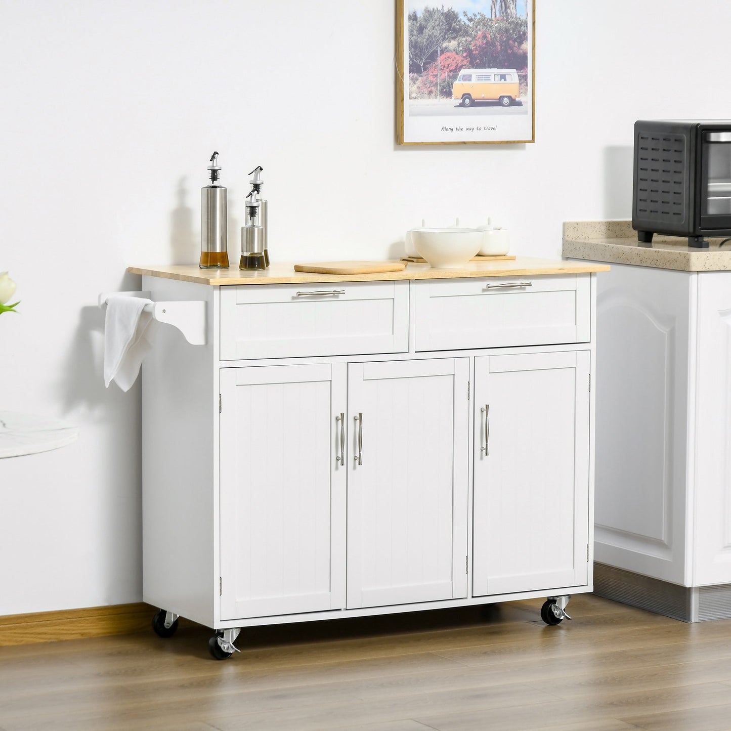 VERA | Multipurpose Wooden Kitchen Cart Trolley with 2 Drawers, 3 Doors and 4 Wheels 121x46x91cm - White