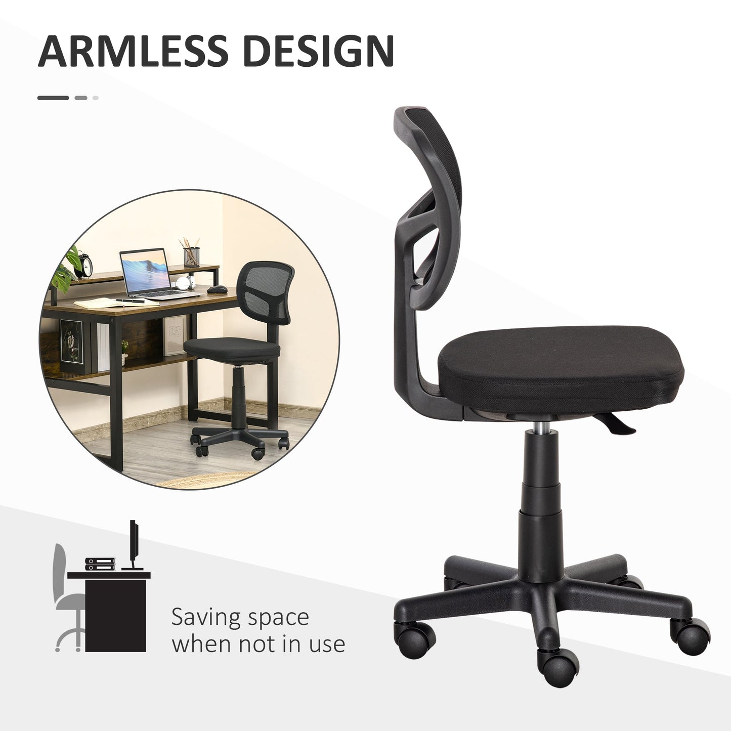 Ergonomic Mesh Office Chair Without Armrests and Height Adjustable, Black