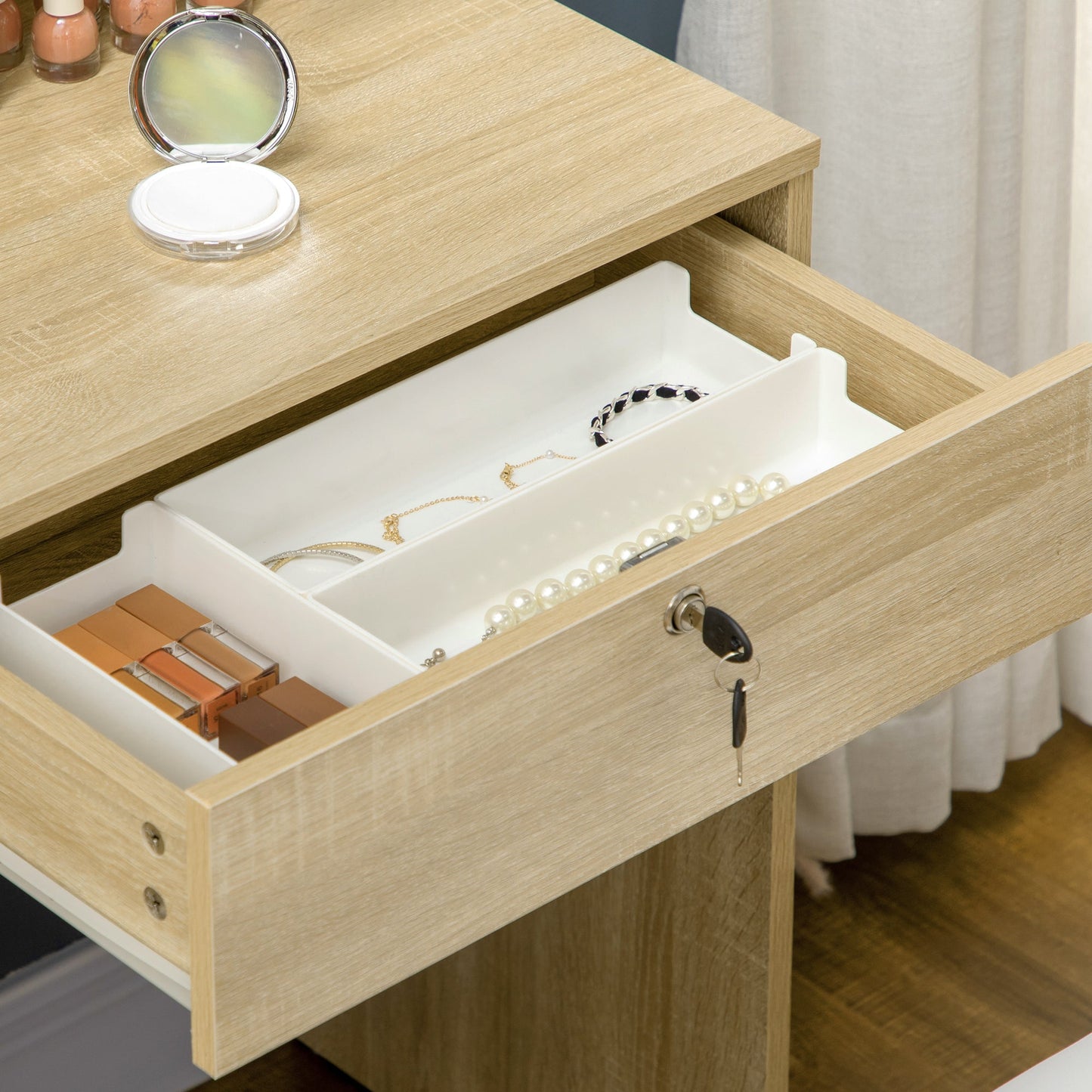 Dressing Table with Mirror, Dressing Table, Stool, 4 Drawers and 4 Shelves, Wood Color