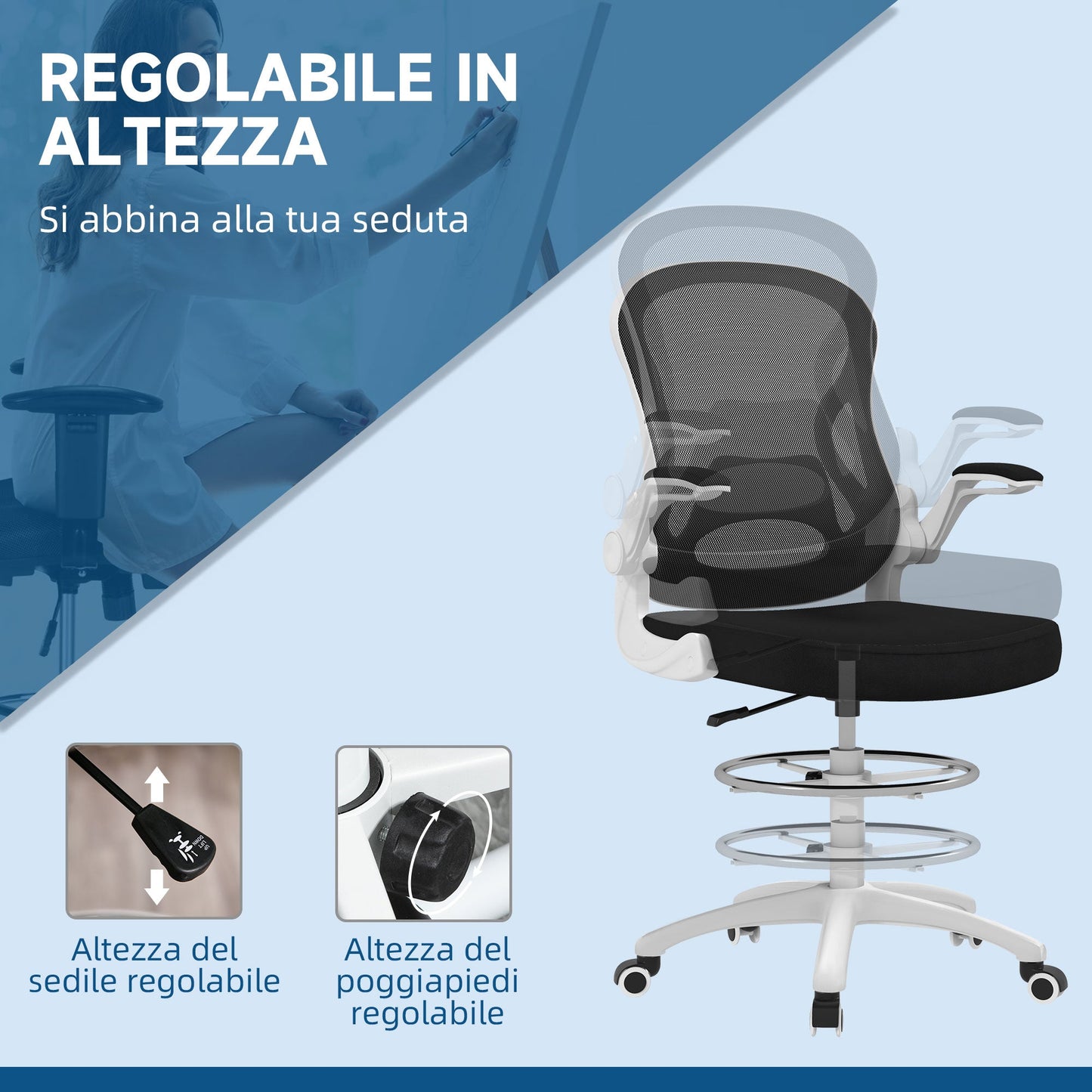 Ergonomic Office Chair in Breathable Fabric with Adjustable Height and Folding Armrests, 59x65x110-130 cm