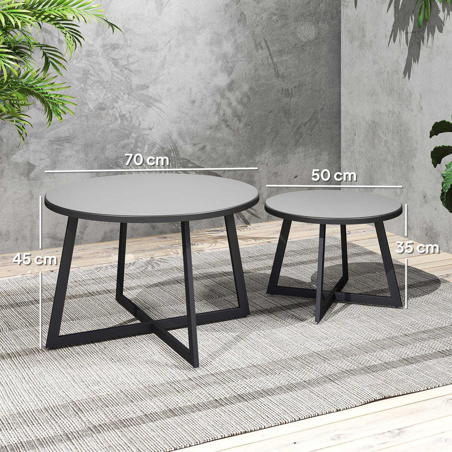 Set of 2 Outdoor Coffee Tables with Tempered Glass Top, Ø70x45 cm and Ø50x35 cm, Gray