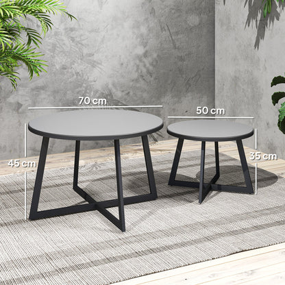 Set of 2 Outdoor Coffee Tables with Tempered Glass Top, Ø70x45 cm and Ø50x35 cm, Gray