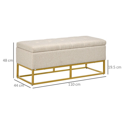 Quilted Polyester Storage Bench with Gold Steel Legs, 110x44x48cm, Beige