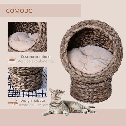 Raised Cat Bed with Cushion, Natural Banana Leaf House, Beige and Brown, 42x33x52cm