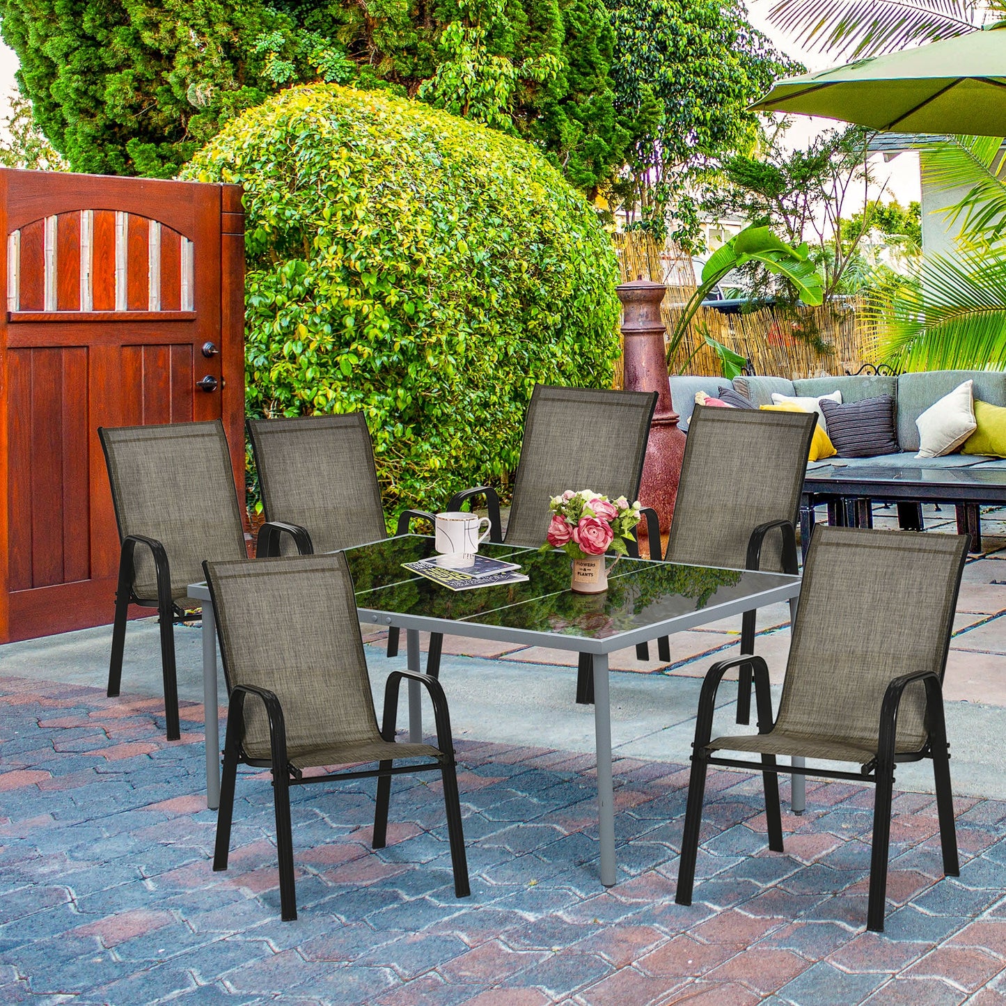 Garden Chairs Set of 6, Stackable Outdoor Chairs in Metal and Breathable Fabric, Brown