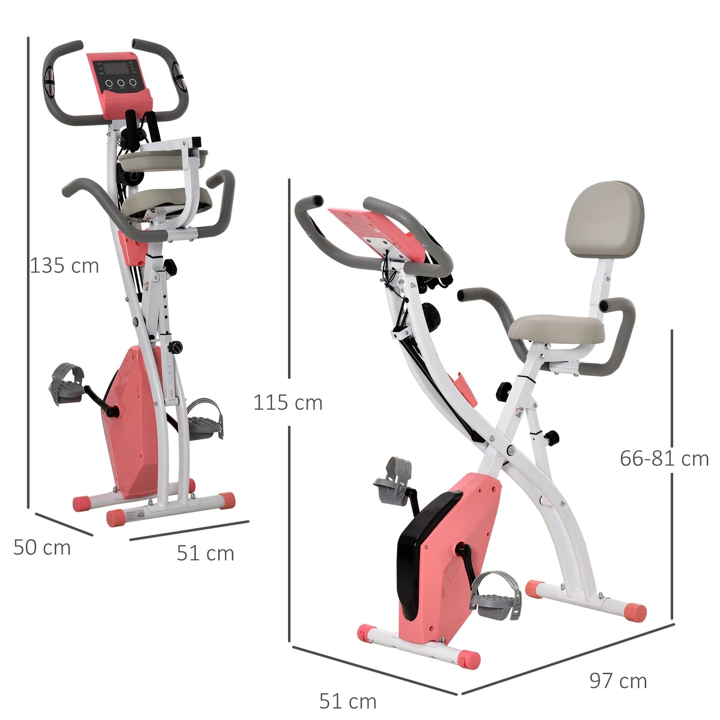 Folding Exercise Bike, 8 Level Adjustable Magnetic Resistance, Fitness Bike with Heart Rate Sensor, Arm Bands, LCD Screen, 2.5kg Flywheel, Pink