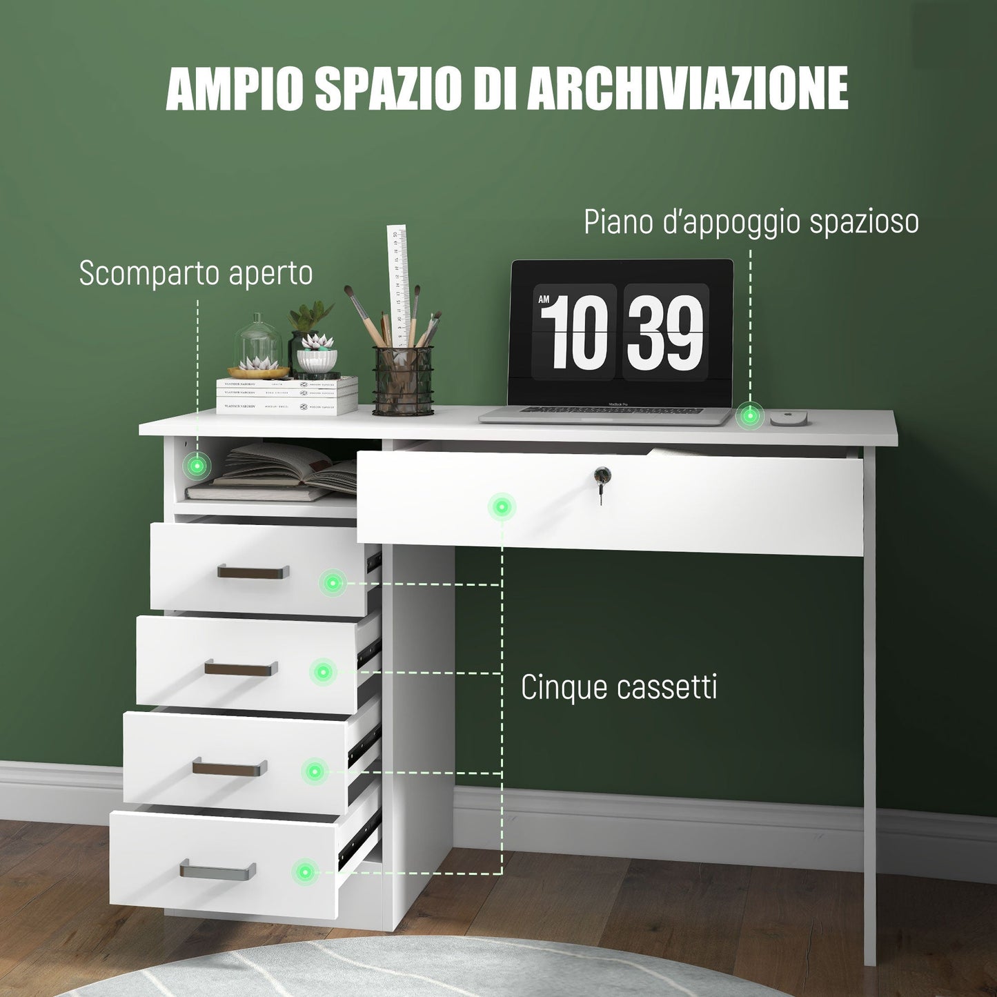 Modern Desk with 5 Drawers and Open Compartment with Lock and 2 Keys, 110x50x76cm, White