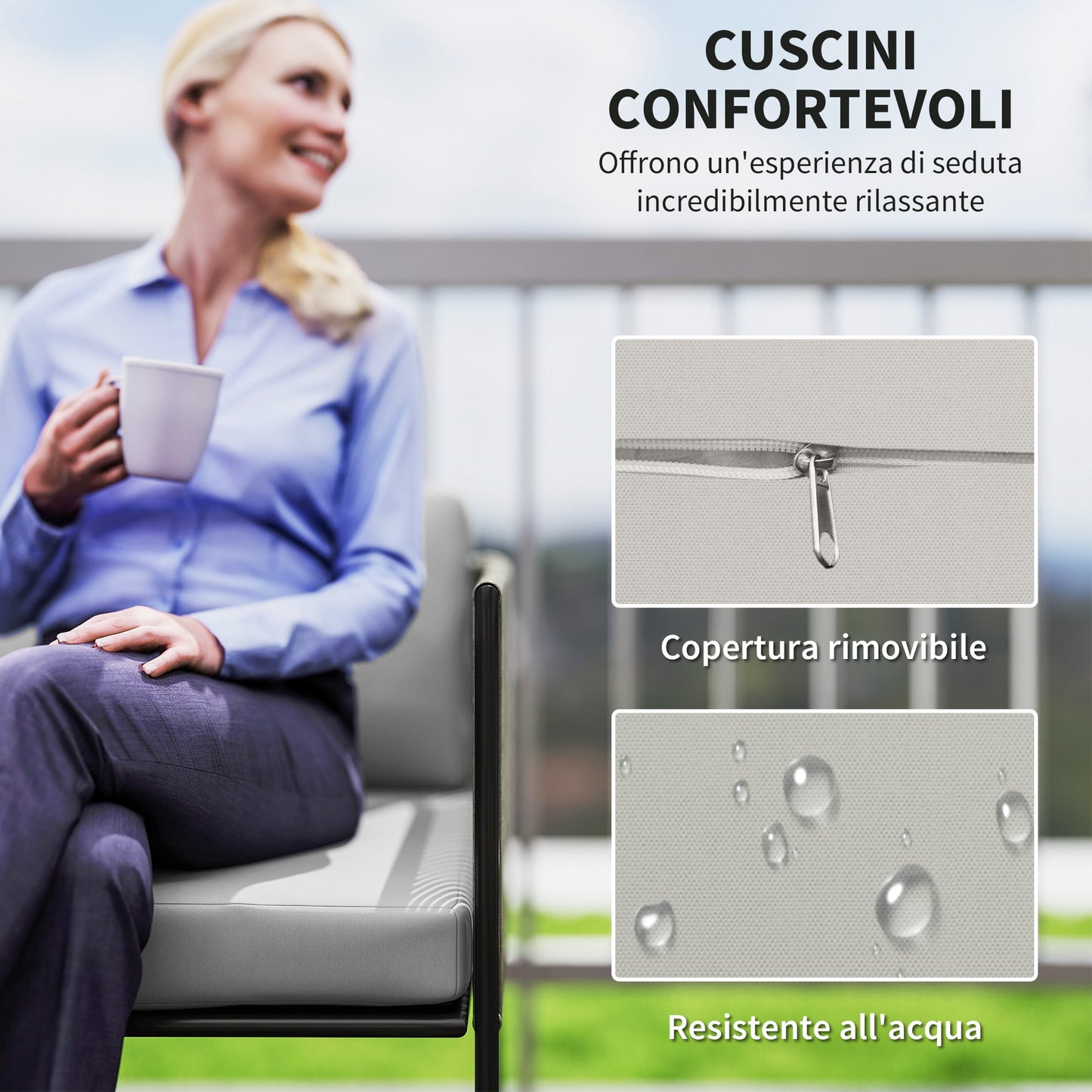 Rattan Garden Set with 2 Seater Sofa, 2 Armchairs and Glass Table, Removable Cushions, Grey