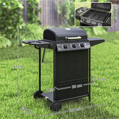 Gas Barbecue with 4 Independent Burners and Lid with Thermometer, 108x54x97 cm, Black
