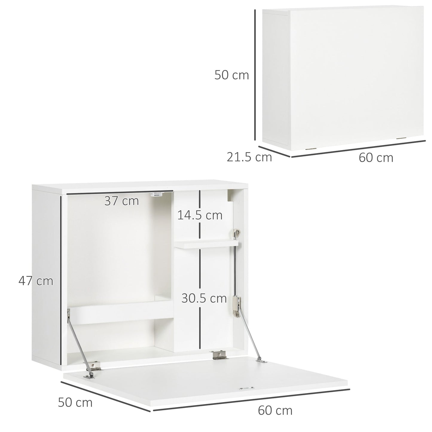 Wall Mounted Folding Desk with Shelves, Space Saving, for Home and Office, in Chipboard and MDF, 60x21.5x50 cm, White
