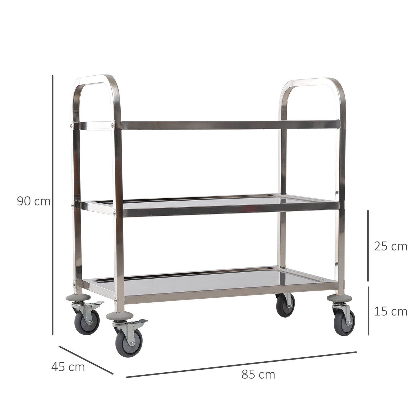 Restaurant / Hotel Kitchen Cart 3 Open Shelves 4 Omnidirectional Wheels with 2 Brakes Anti-Collision Bearings 430 Stainless Steel Silver 85x45x90cm