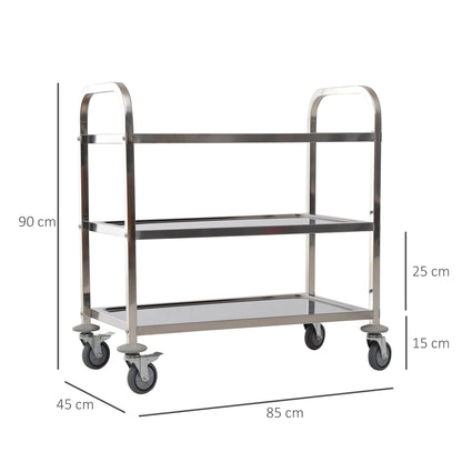 Restaurant / Hotel Kitchen Cart 3 Open Shelves 4 Omnidirectional Wheels with 2 Brakes Anti-Collision Bearings 430 Stainless Steel Silver 85x45x90cm