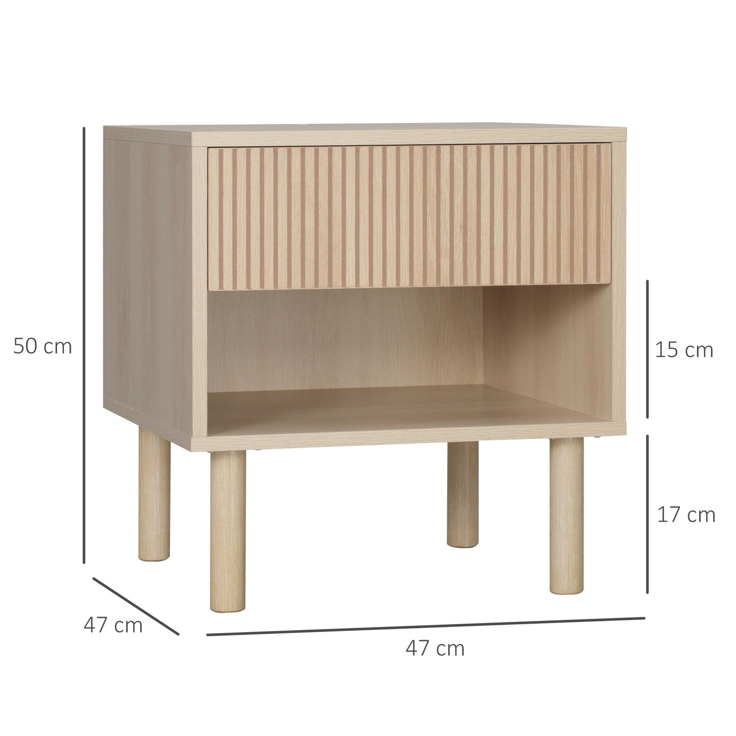 Modern Bedside Table with Drawer and Open Shelf in Chipboard, 47x47x50 cm, Wood Color