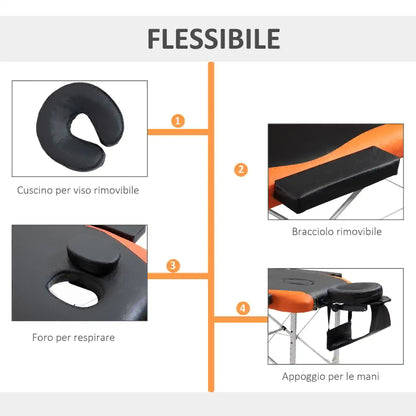 Foldable Massage and Beauty Table / Couch with Adjustable Height, Professional Massage Bed in Aluminum and Plastic, 215x60x61-84 cm, Black and Orange