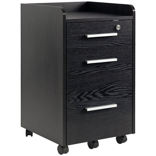 3-Drawer Wooden File Cabinet with Security Keys and 5 Wheels, 39.2 x 40 x 65.4 cm, Black