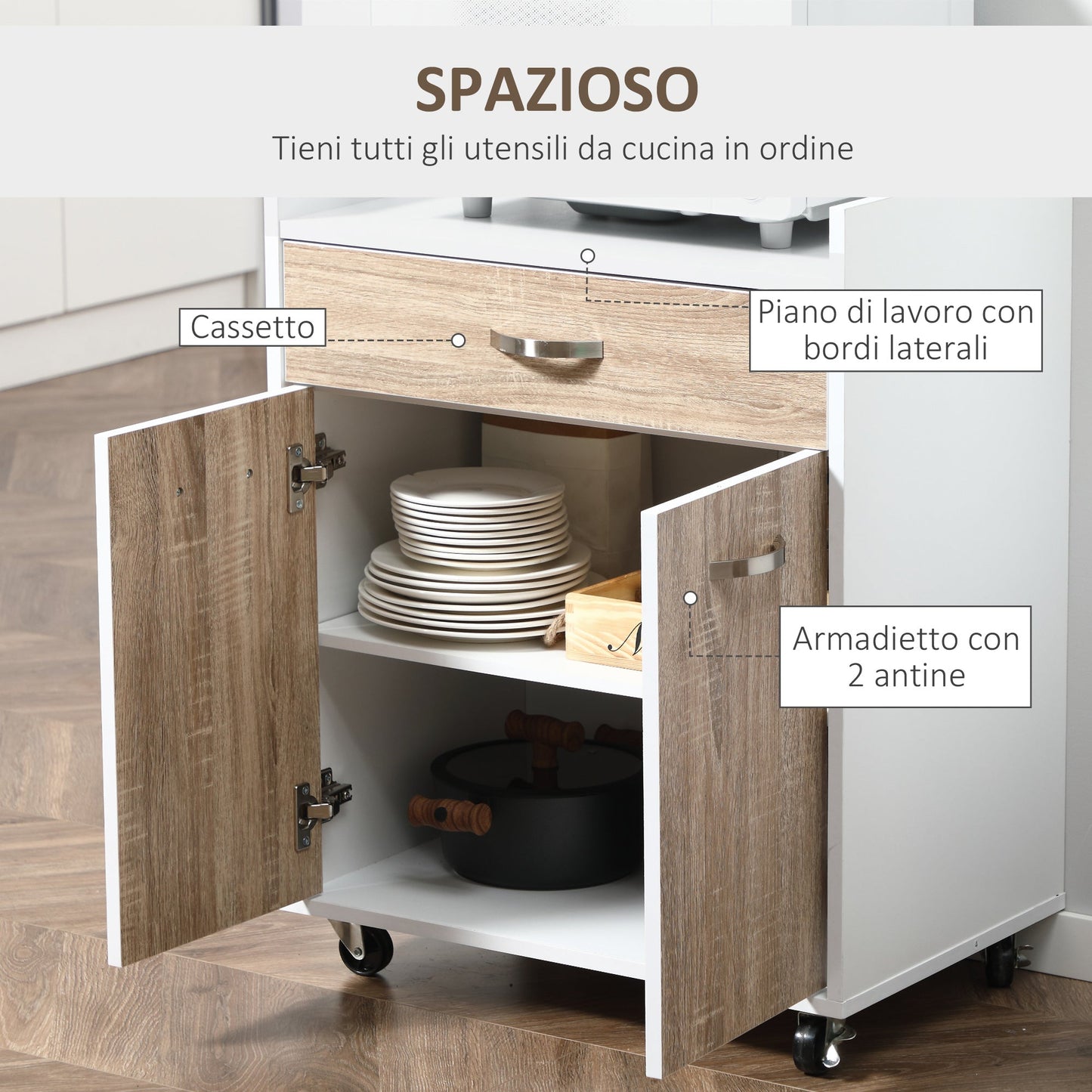 Kitchen Trolley Road for microwave with drawer, locker and 4 wheels, in wood, 60x40x77cm - white/oak