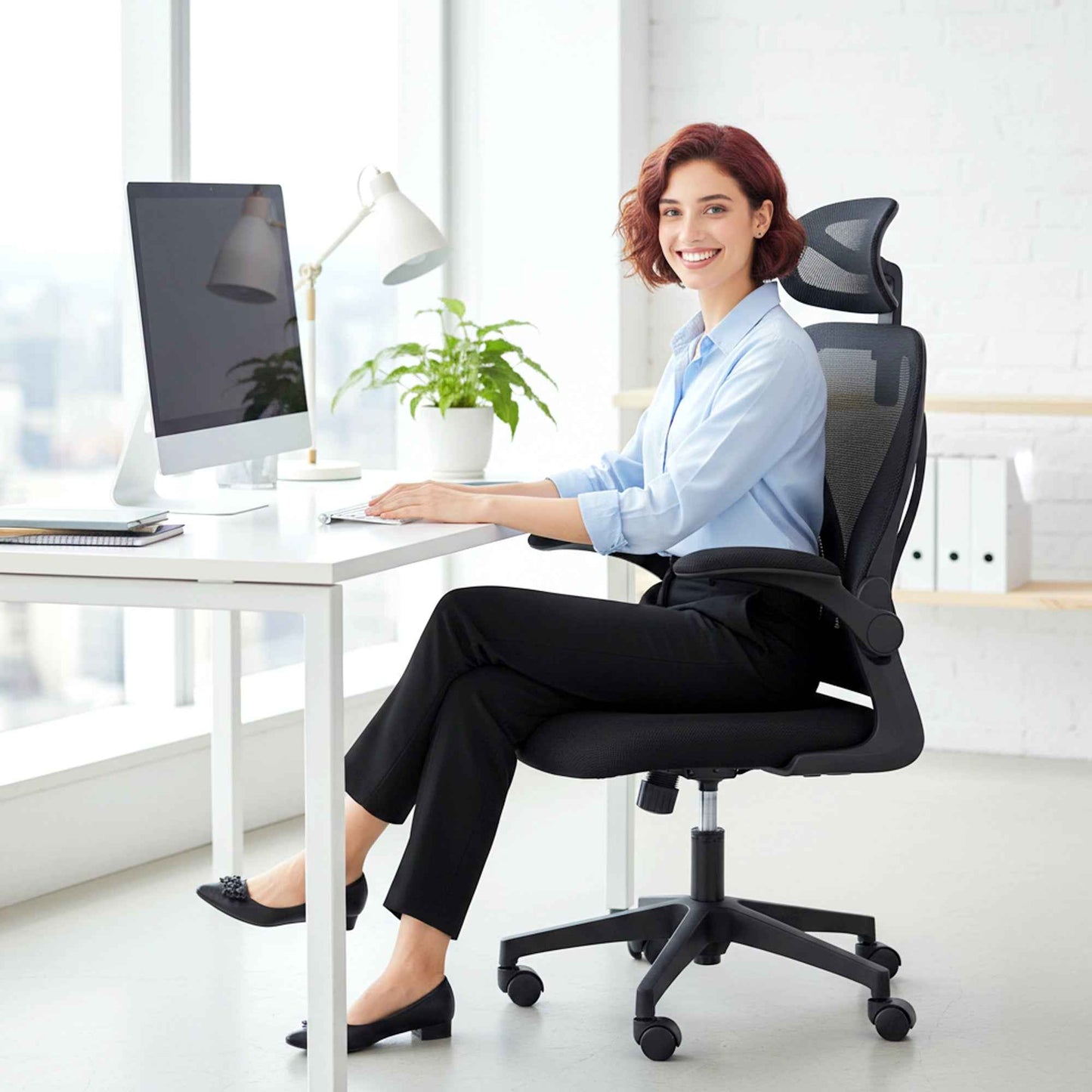 Ergonomic Office Chair with Flip-Up Armrests, Lumbar Support and Adjustable Headrest, Black