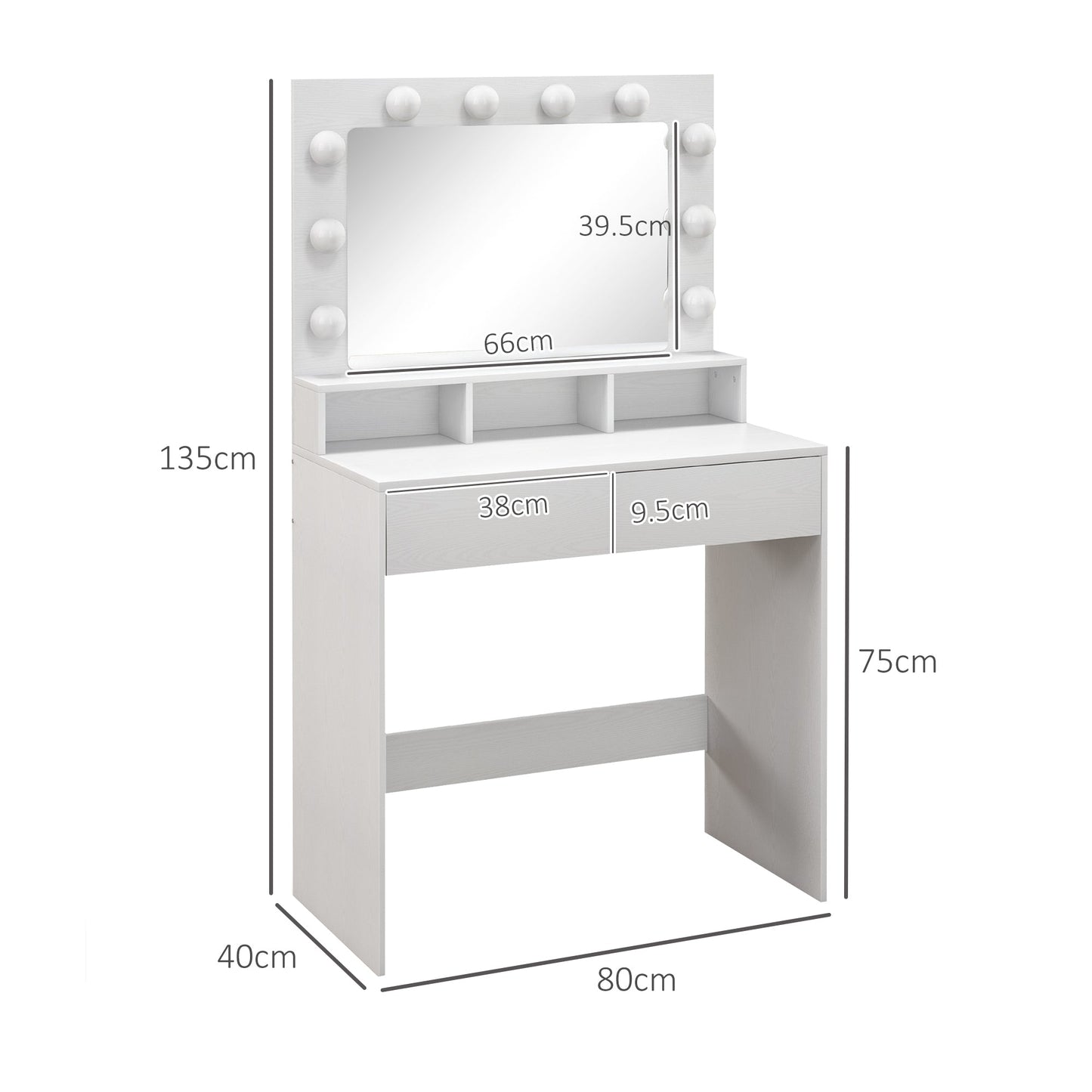 Dressing Table with Mirror and 10 Adjustable LED Lights, 2 Drawers and 3 Compartments, 80x40x135 cm, White