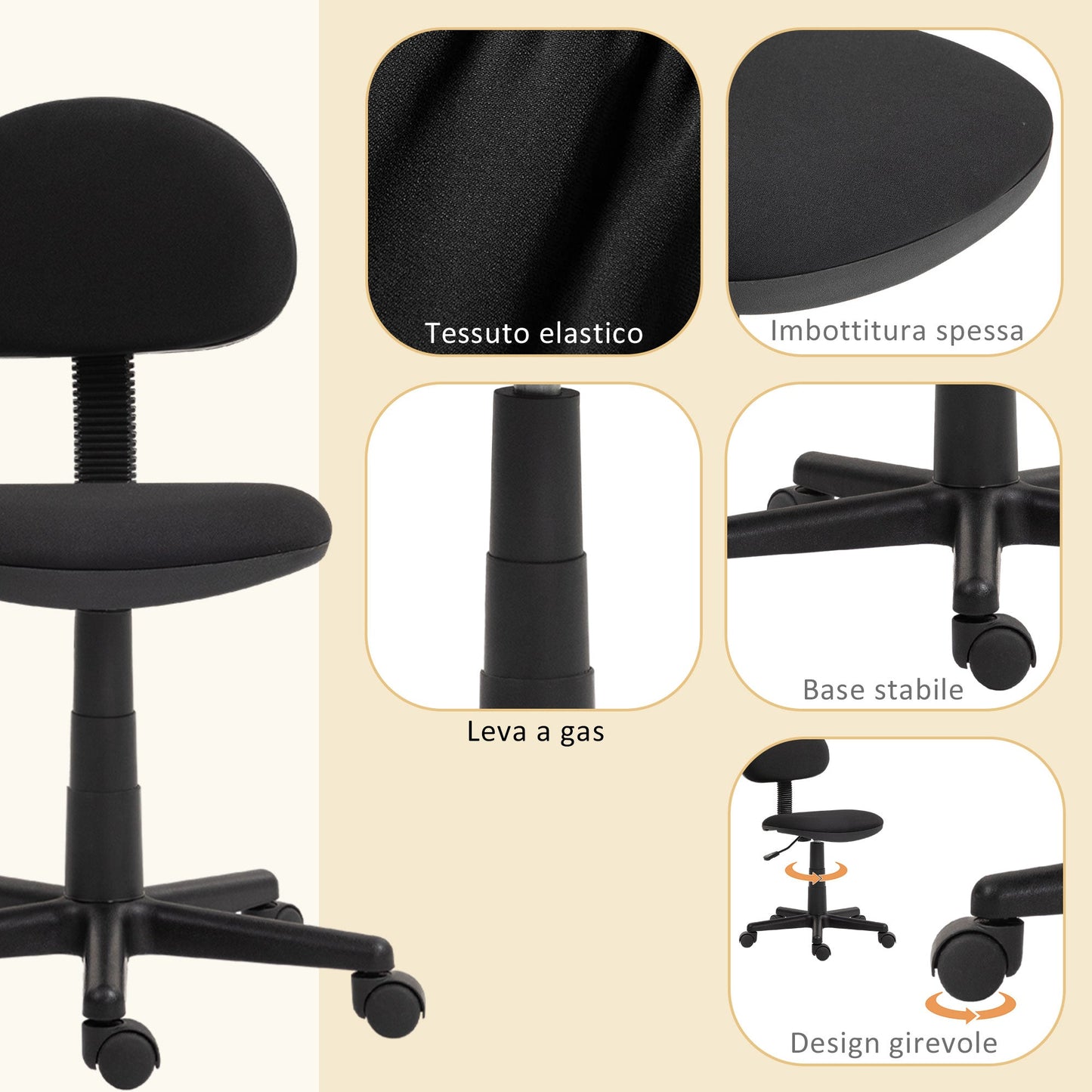 Height Adjustable Swivel Office Chair, Elastic Fabric, Sponge and Steel, 43x51x73-85 cm, Black