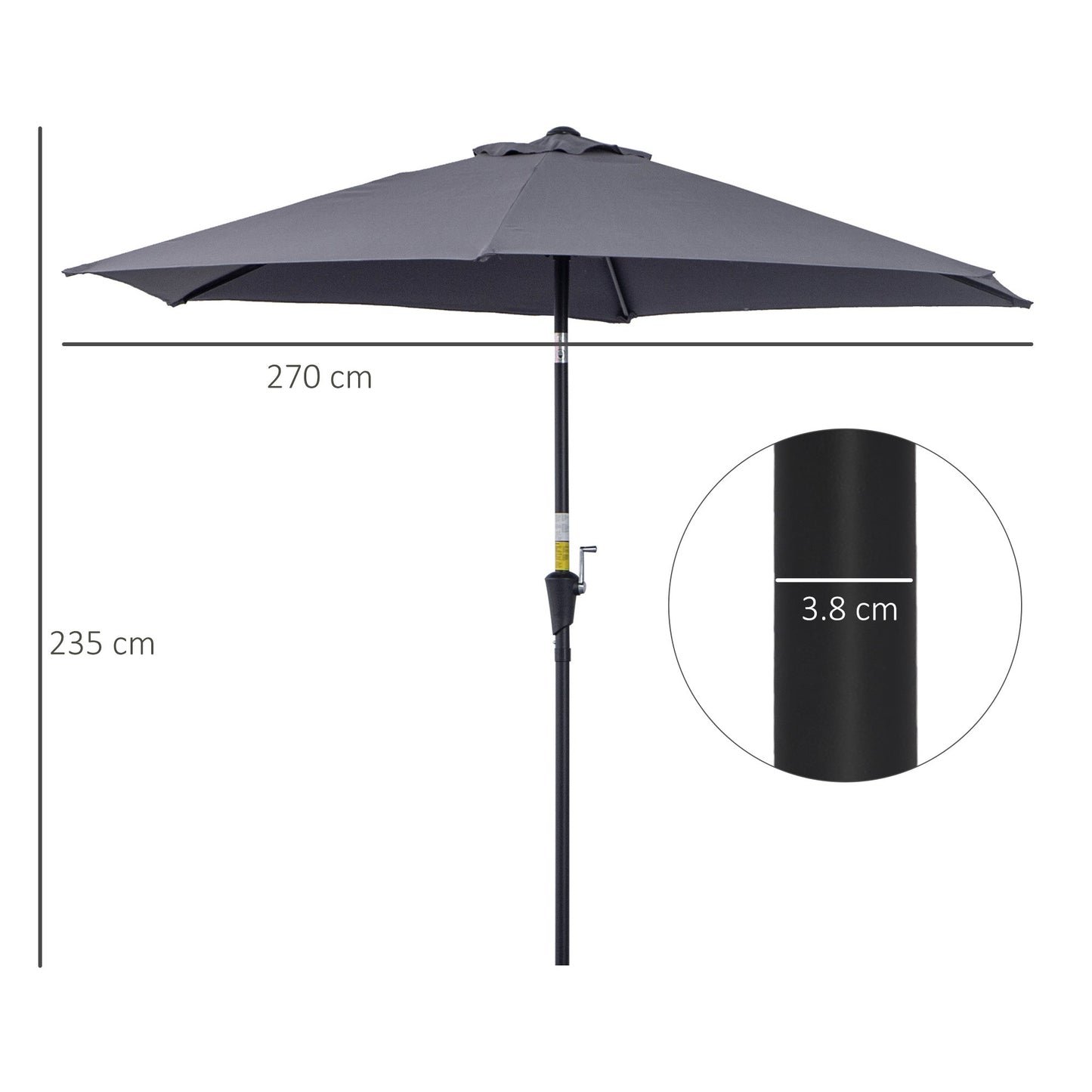 Garden Umbrella 2.6x2.4 m Tilting with Crank, in Aluminum and Polyester Gray and Black