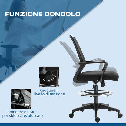 Adjustable Mesh Office Chair with Armrests and Footrest Ring, 64x59x104-124 cm, Black