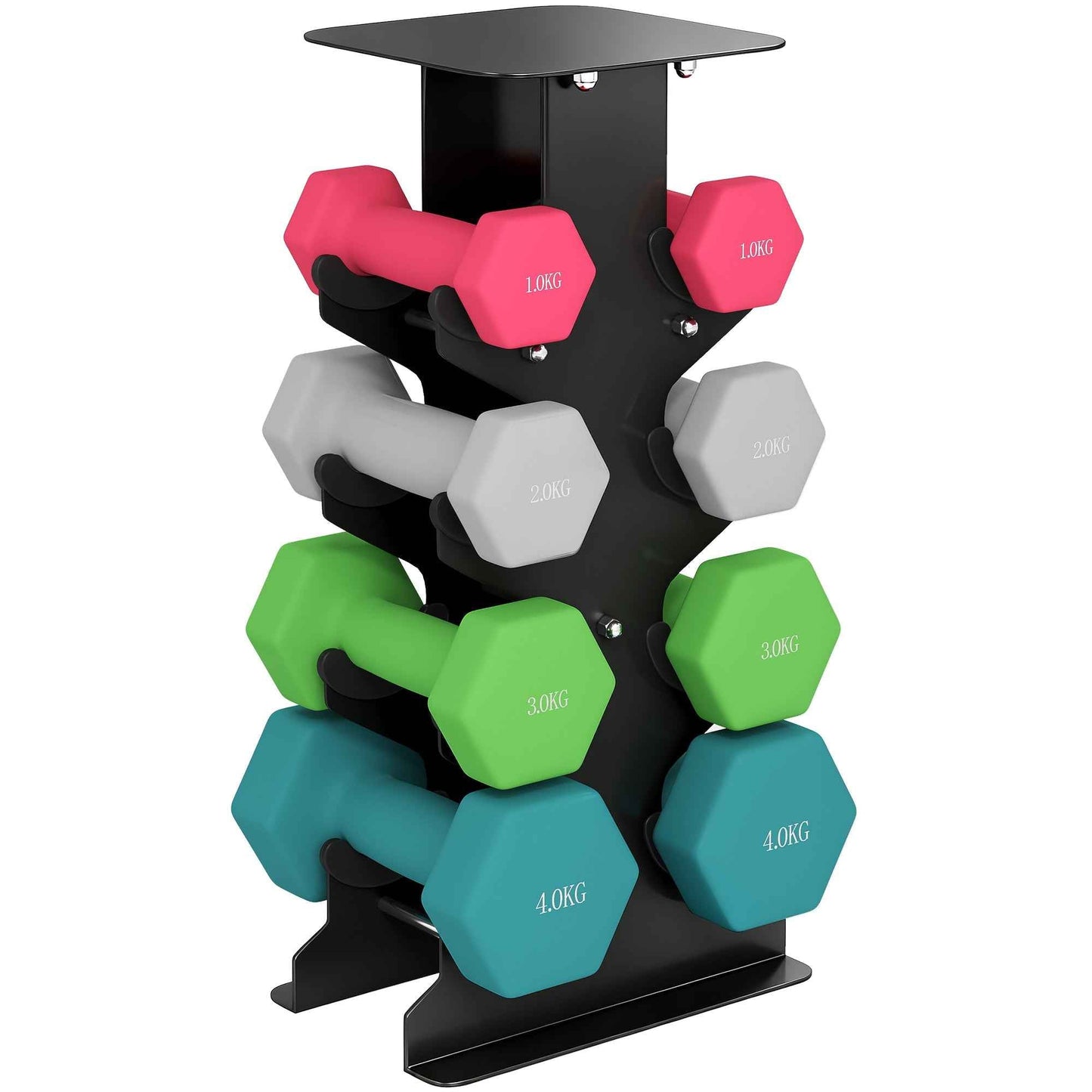 Set of 8 Non-Slip Hex Dumbbells with Stand, in Metal and Plastic, Multicolored