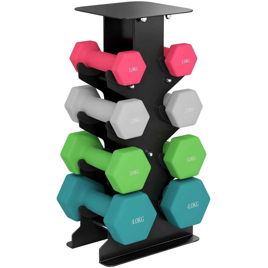 Set of 8 Non-Slip Hex Dumbbells with Stand, in Metal and Plastic, Multicolored