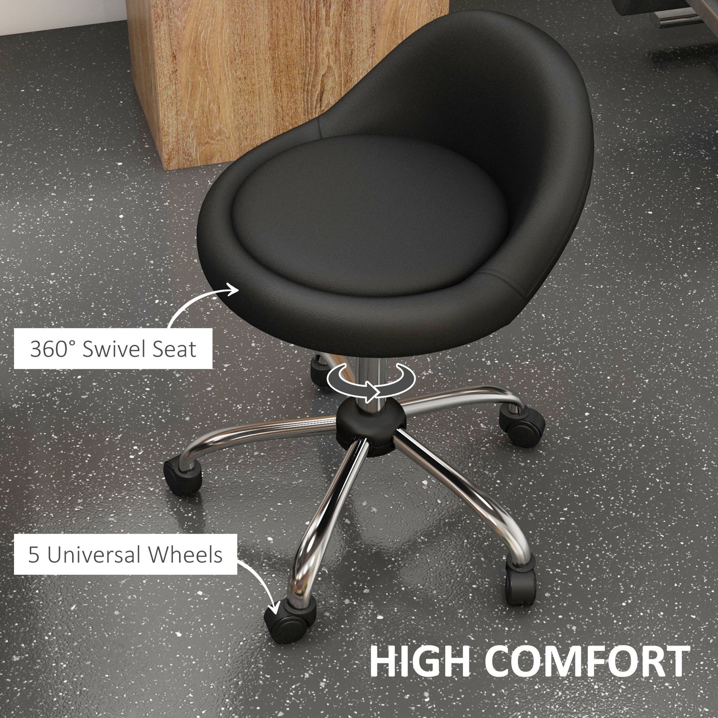 Stool with Wheels, Swivel Seat, Adjustable Height and PU Faux Leather Upholstery, Black