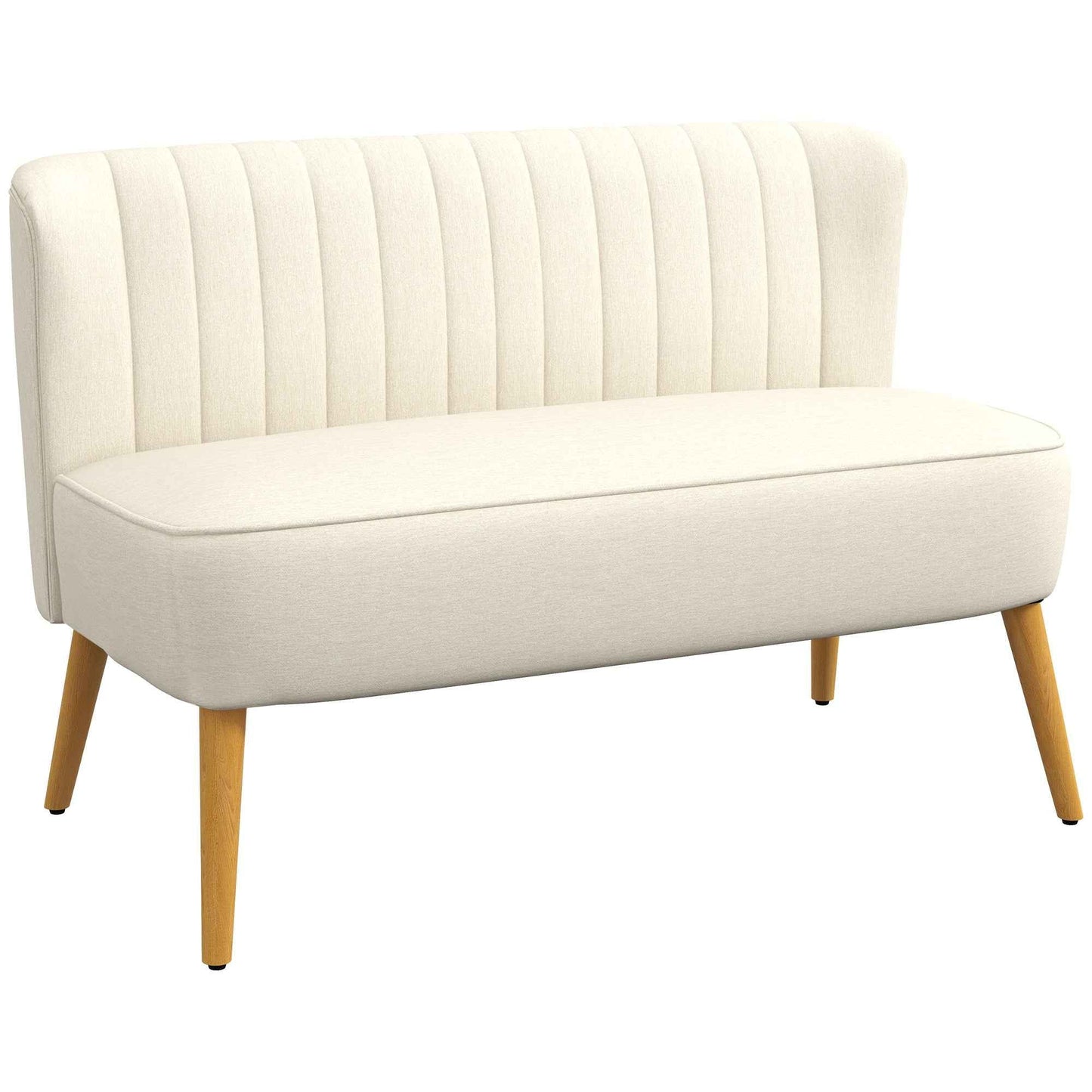 2-Seater Sofa in Linen-Effect Fabric without Armrests with Wooden Legs, 117x56.5x77 cm, Cream White
