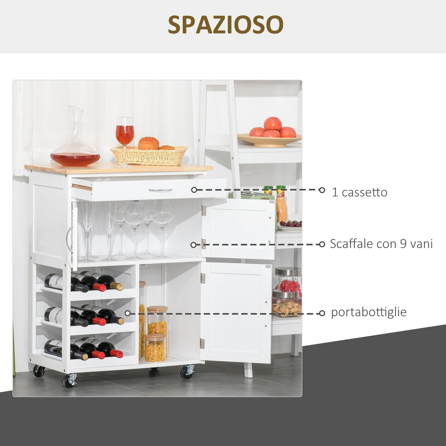 Kitchen Trolley with Bottle Holder, 3 Doors, 4 Wheels and Drawer, Space-Saving Kitchen Cabinet for Microwave and Spices in Wood, 67x37x87 cm, White and Oak