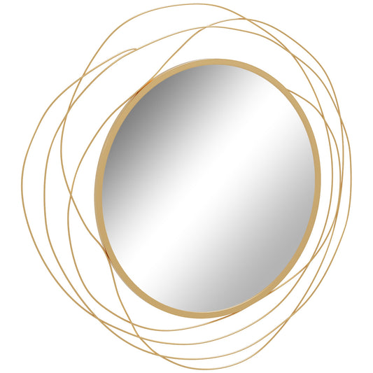 Modern Round Decorative Wall Mirror with Hooks, Glass and Metal, Ø65x1 cm, Gold