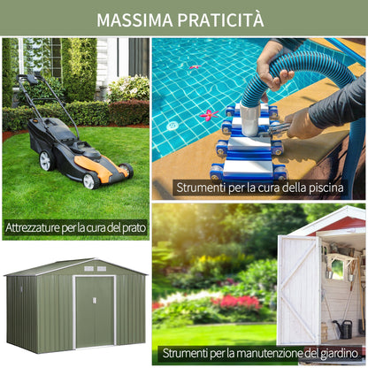 Garden Shed with 2 Sliding Doors and 4 Air Vents in Steel, 277x195x192cm, Light Green