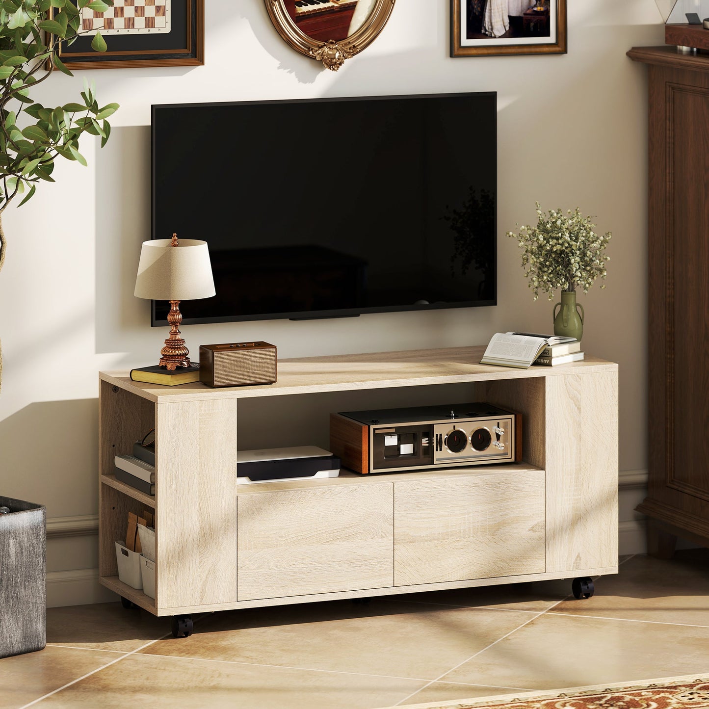 42" TV Stand with Swivel Wheels and Brake, Adjustable Shelves and Drawers, 102x34.5x48.5 cm, Wood