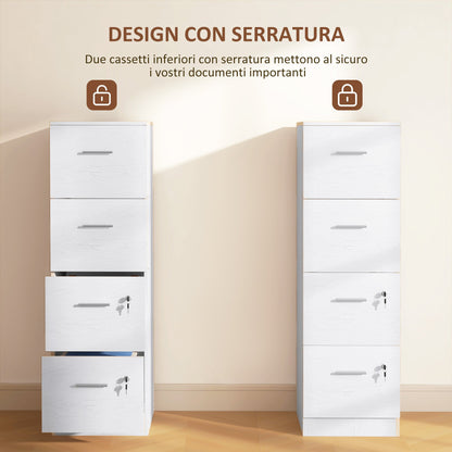 4 Drawer Office Cabinet with 2 Locks and Document Holder Bar, Wooden, 40x42x130.8 cm, White