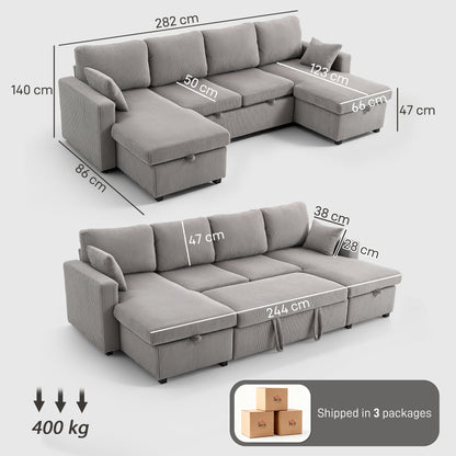 Modern U-Shaped Sofa Bed with 2 Chaise Longues and Storage Compartments, Corduroy, 282x140x86 cm, Grey