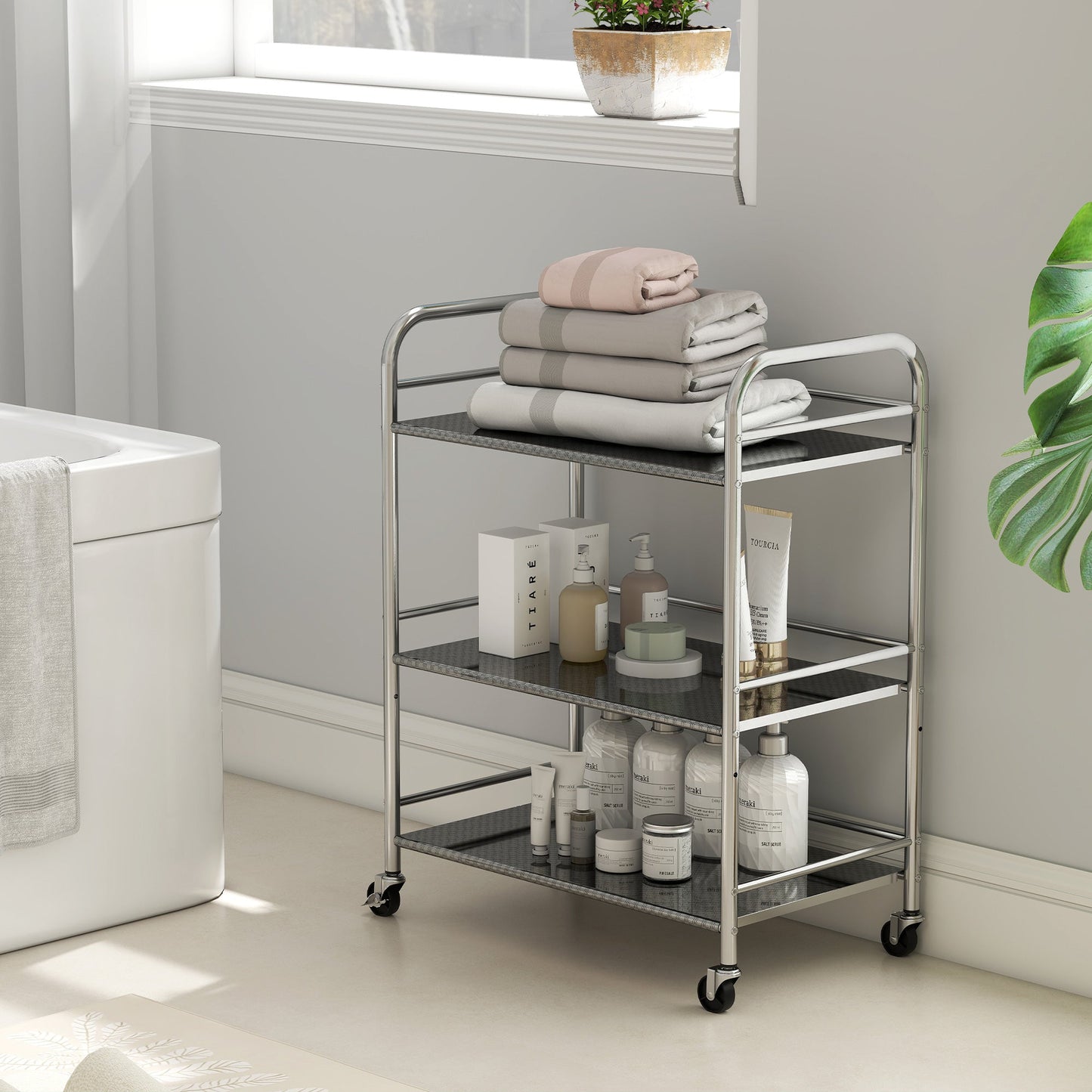 4-Tier Utility Cart with Adjustable Center Shelf and Raised Edges, Stainless Steel, 60x35x77 cm