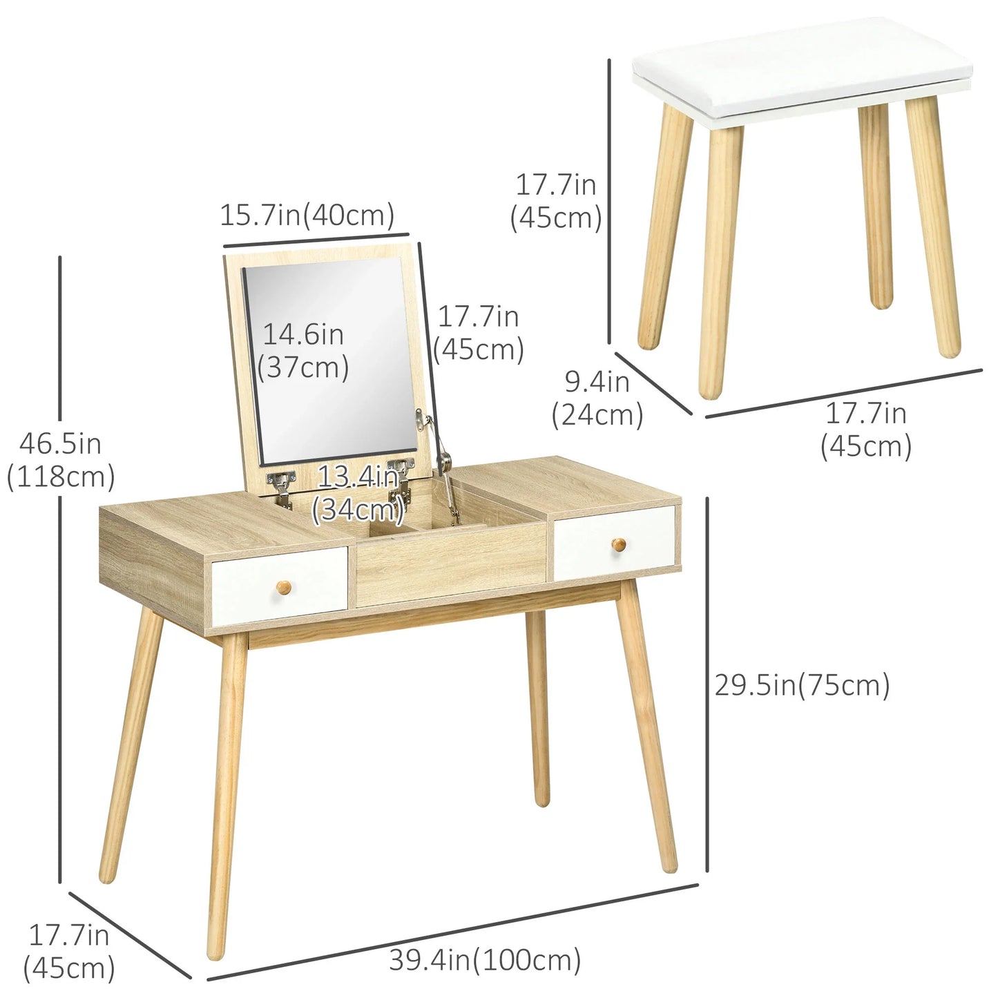 Modern Wooden Vanity Make-up Table an Stool, with Mirror and Jewels Organiser