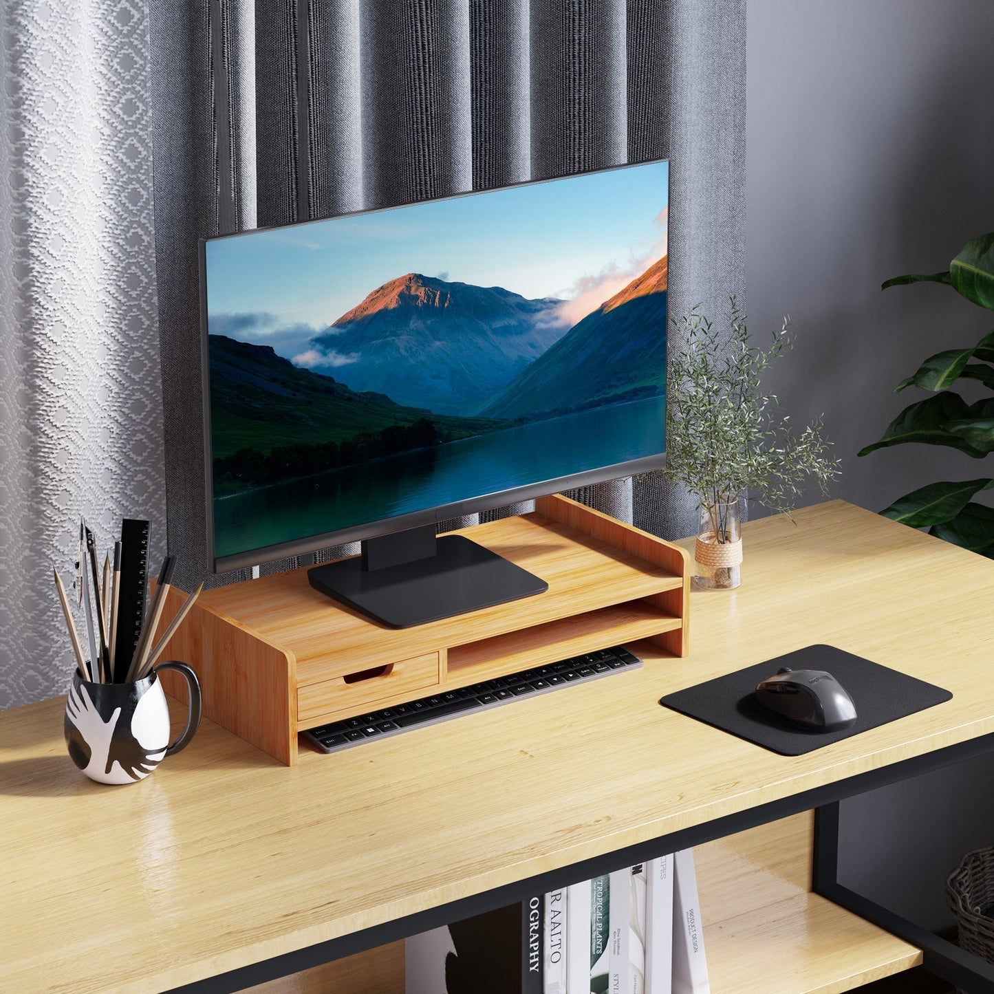 Bamboo Monitor Stand with Mouse and Keyboard Space and Storage Cube Shelf, 49x25.5x11.5 cm