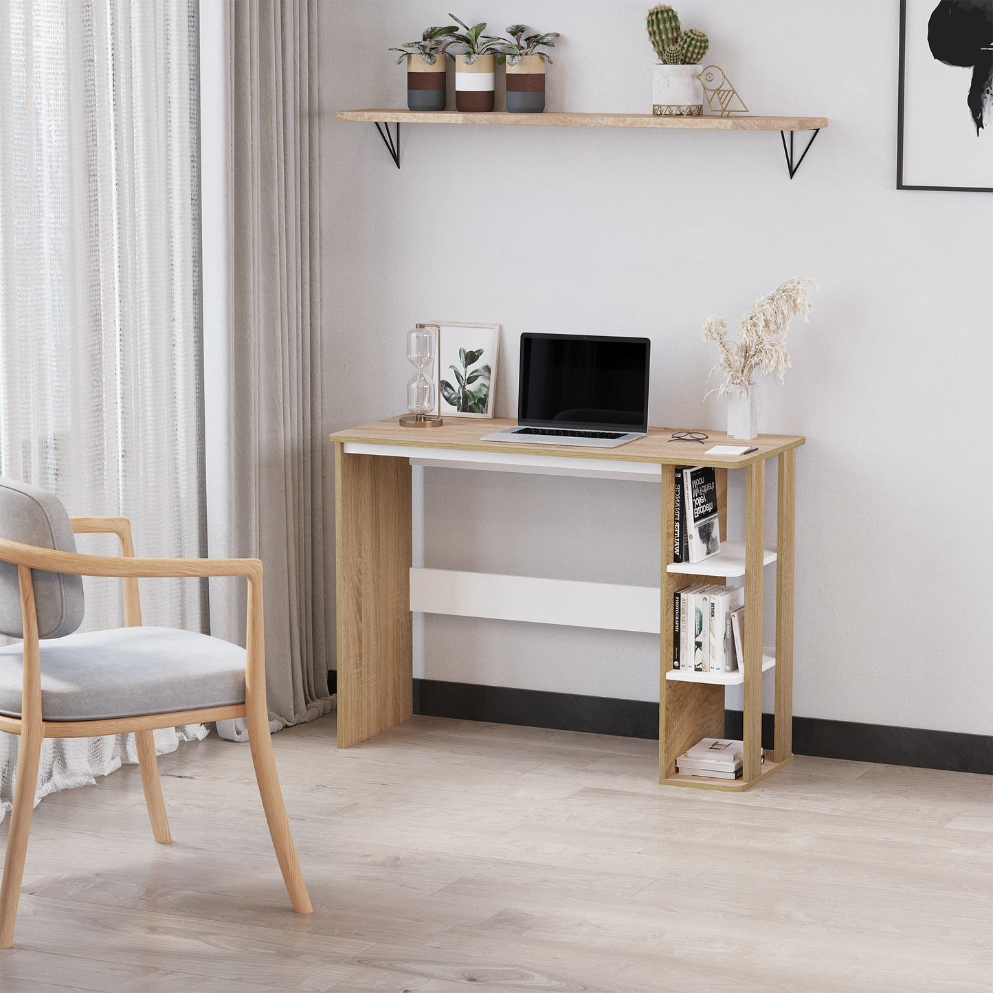 Modern Wooden Desk with 3-Tier Bookshelf, 100x44x74cm, White and Oak