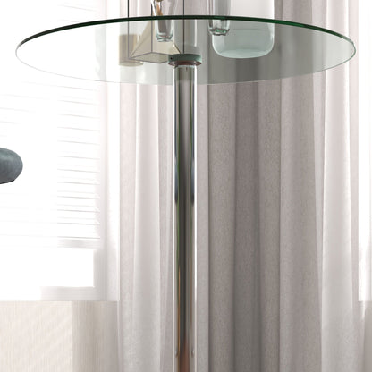 Modern Round High Bar Table with Steel Base and Glass Top, Ø70x102cm, Transparent