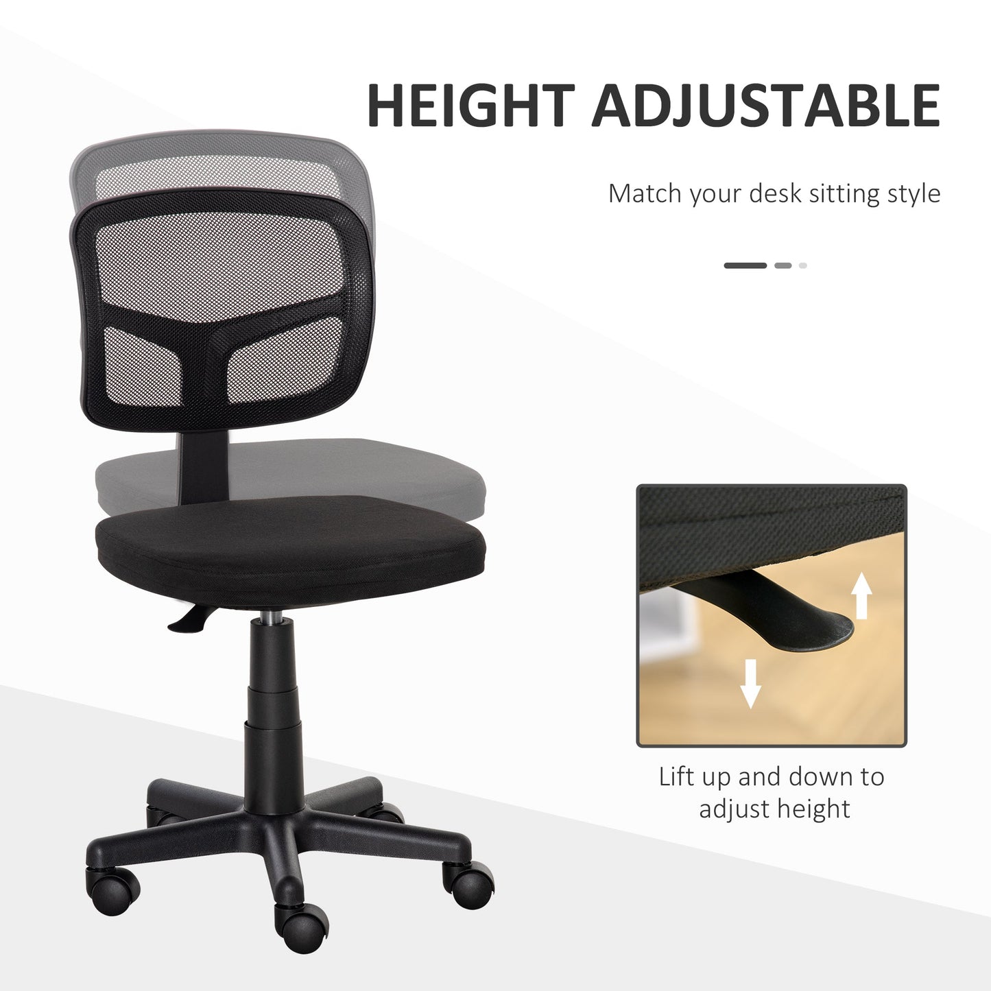 Ergonomic Mesh Office Chair Without Armrests and Height Adjustable, Black