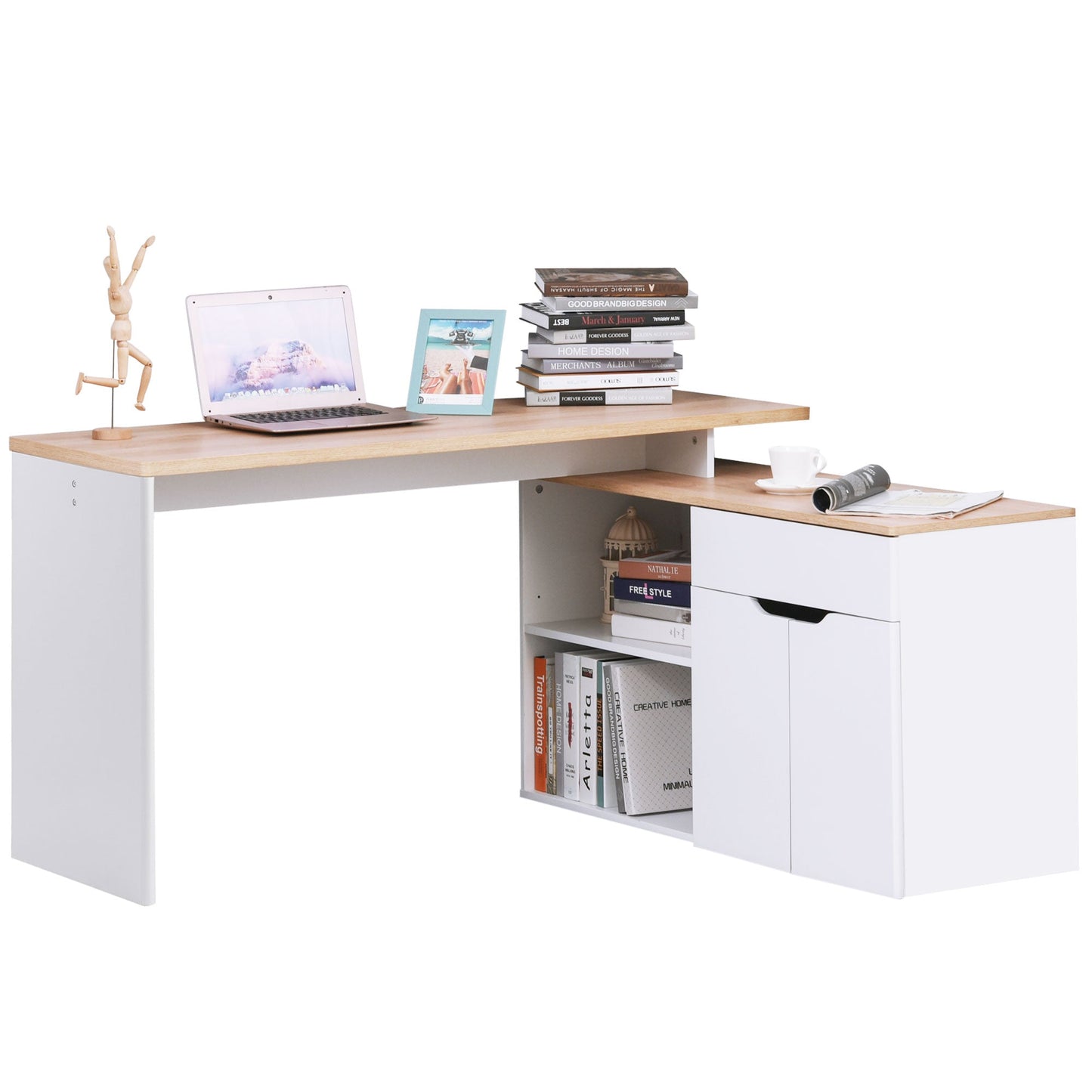 Corner Desk with 2-Tier Bookcase, Cabinet and Drawer, 140x117x76 cm, Wood and White