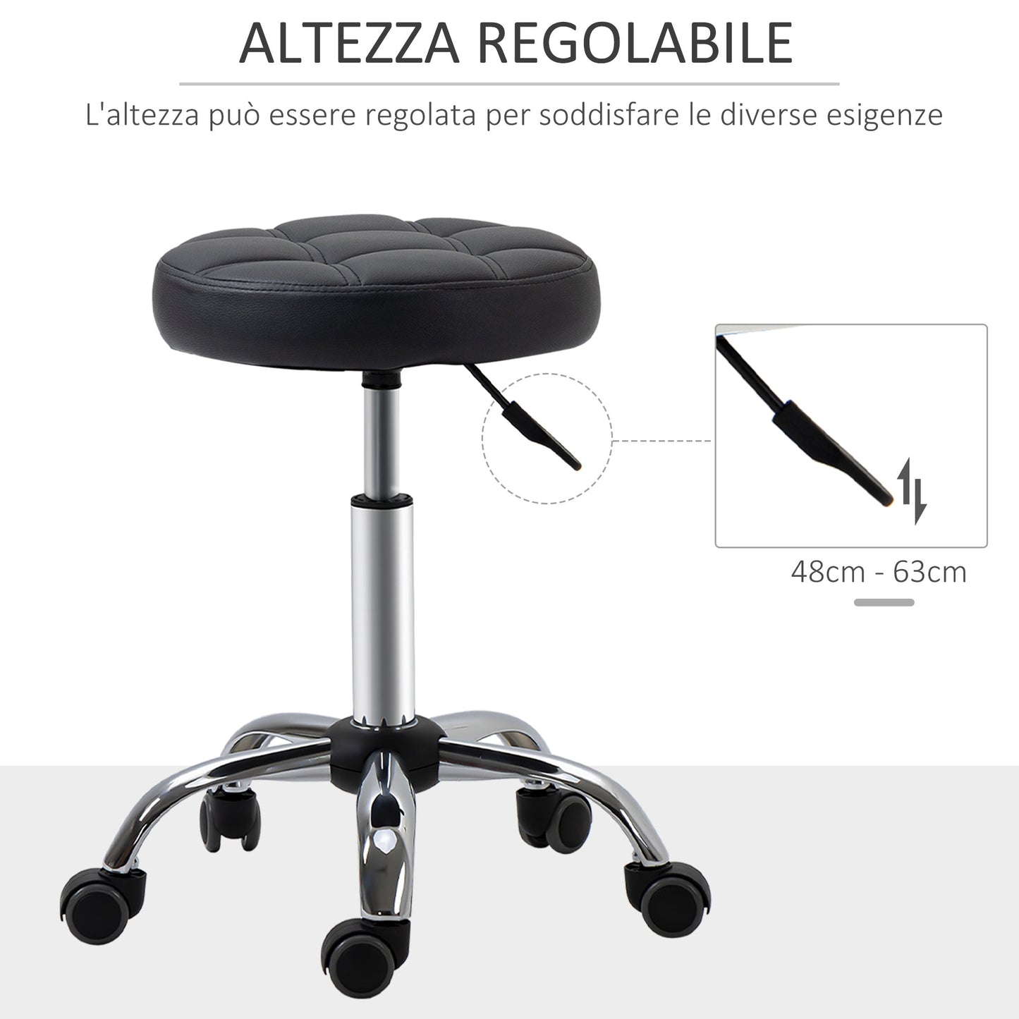 Black Beauty / Tattoo Round Swivel Stool with Wheels, Adjustable Height and Eco Leather Cover, Black