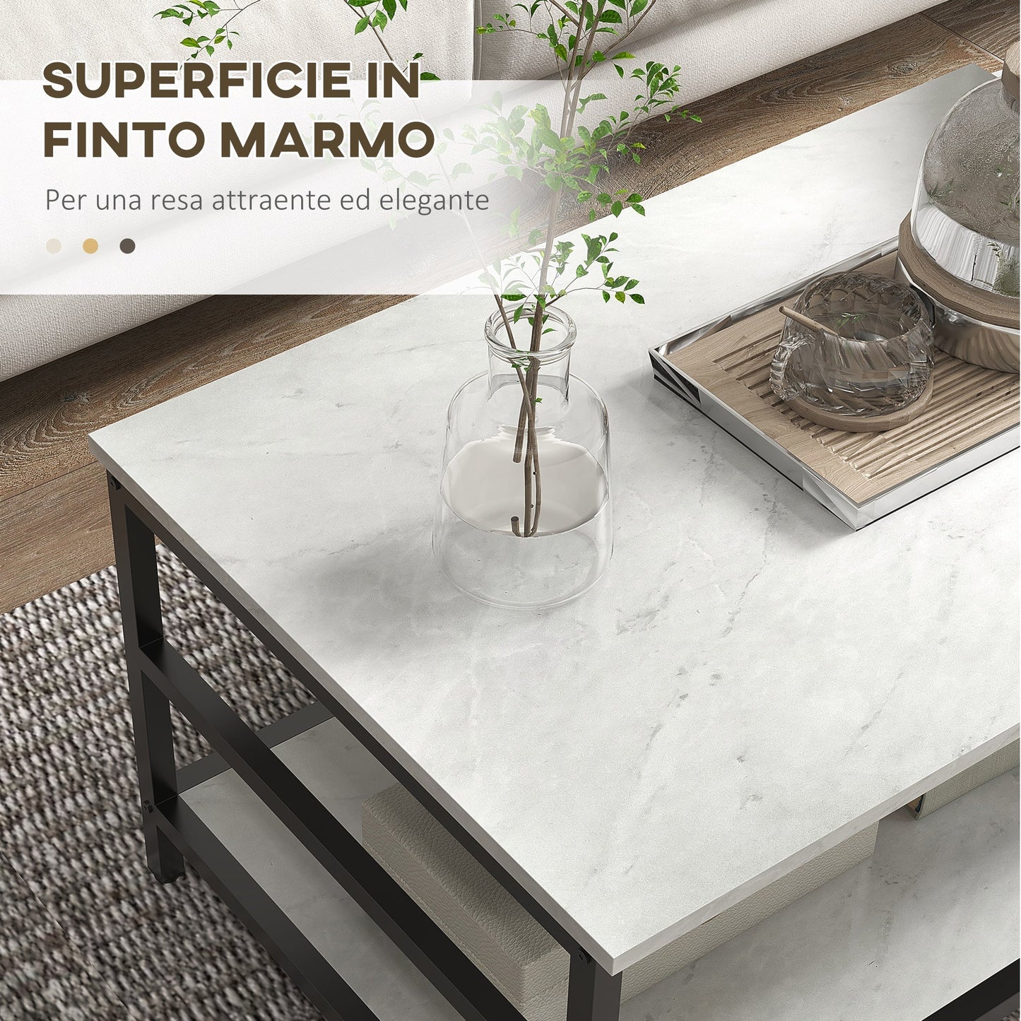 2-Tier Coffee Tables Set in Chipboard and Steel with Marble Effect Top, Black and White