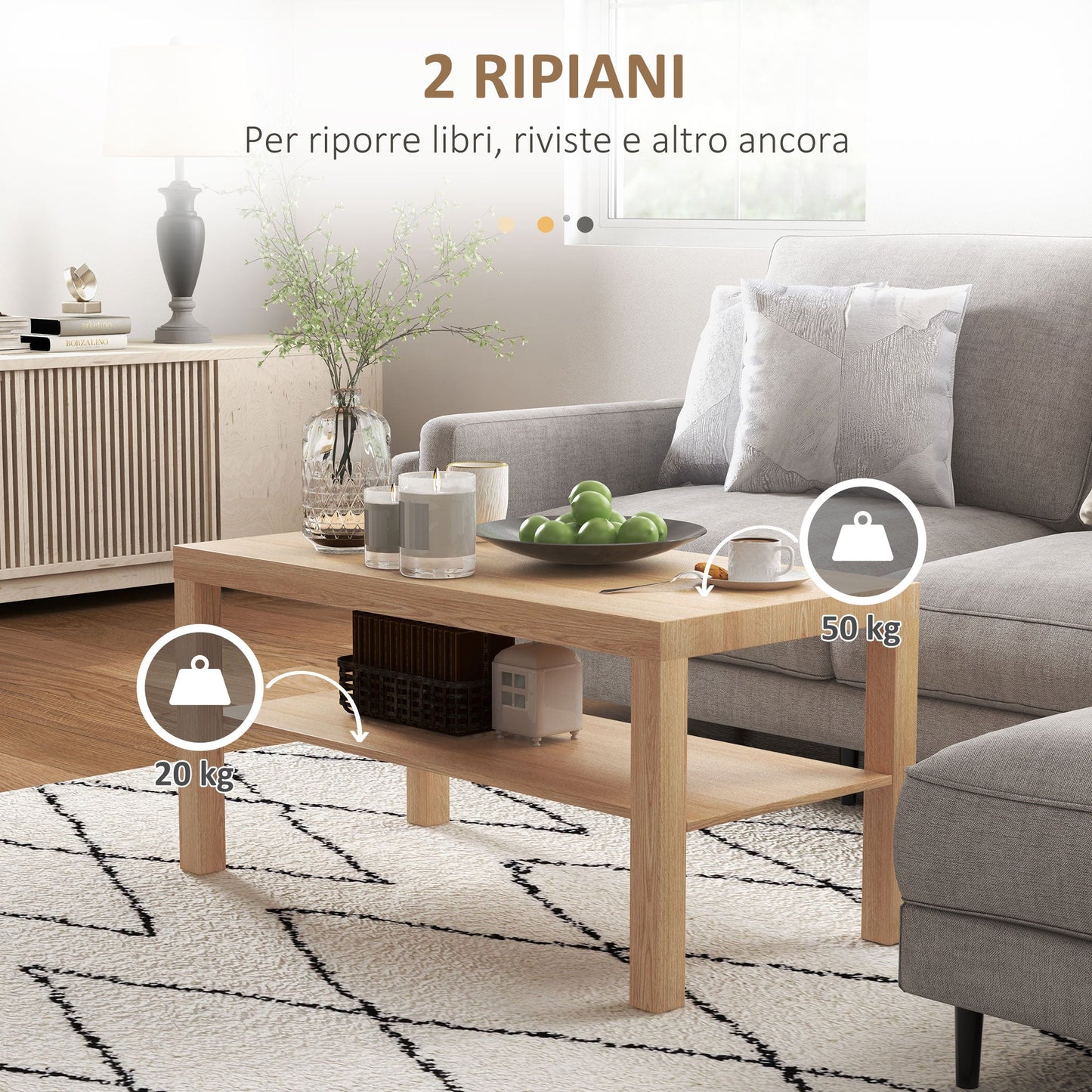 Rectangular Coffee Table with Large Shelf, 90×45×44.5 cm, Natural Wood