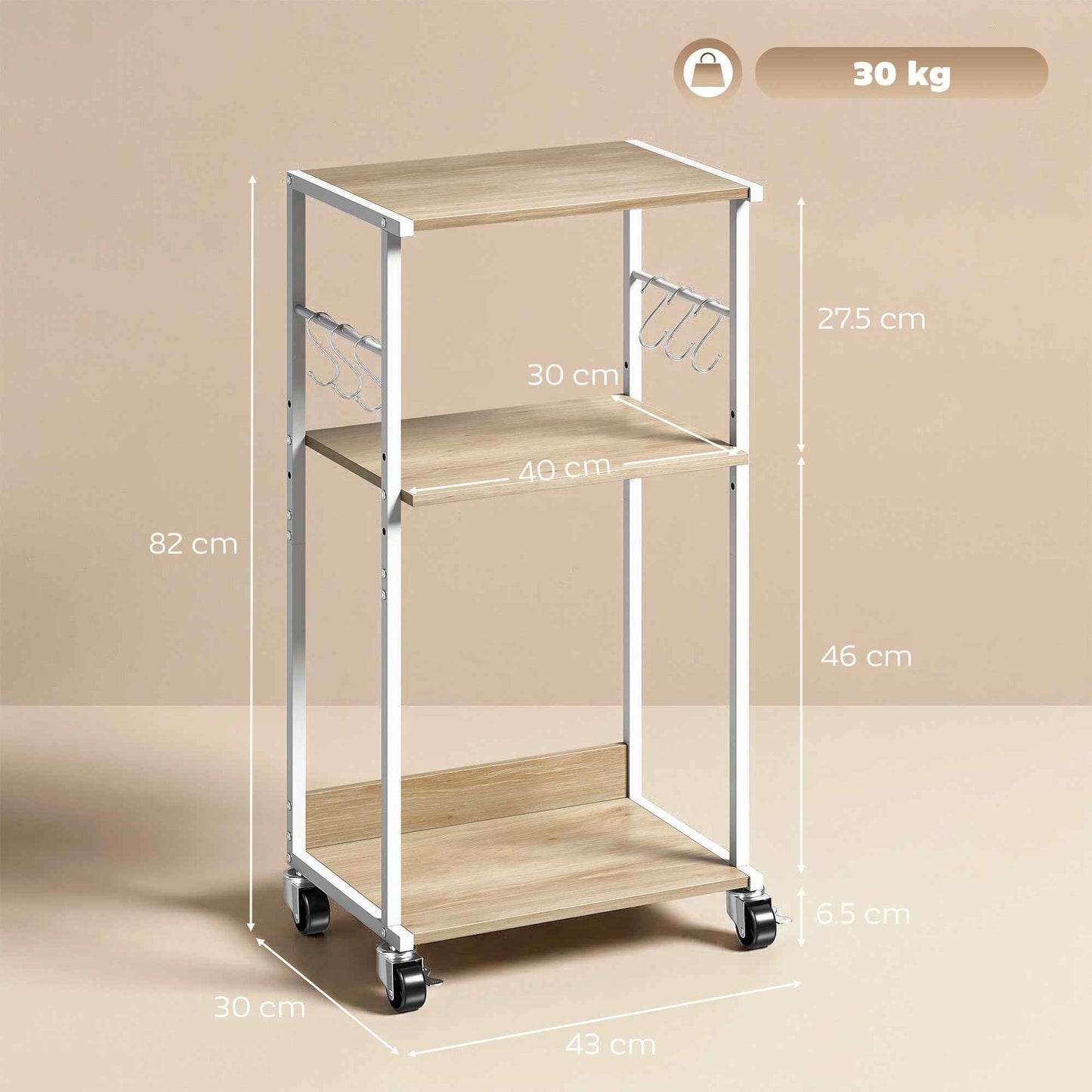 HOMCOM 3-Tier Printer Stand with Wheels and Hooks, Natural