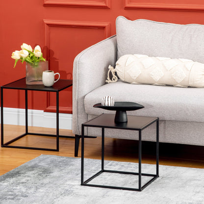 Set of 2 Square Stackable Coffee Tables for Living Room, Steel, Black