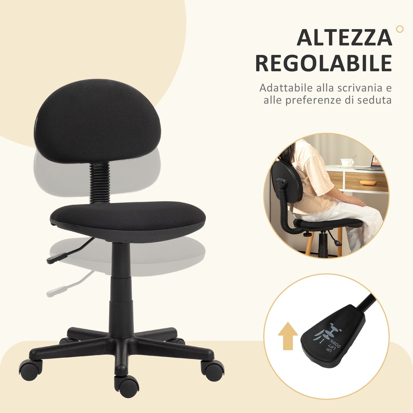 Height Adjustable Swivel Office Chair, Elastic Fabric, Sponge and Steel, 43x51x73-85 cm, Black