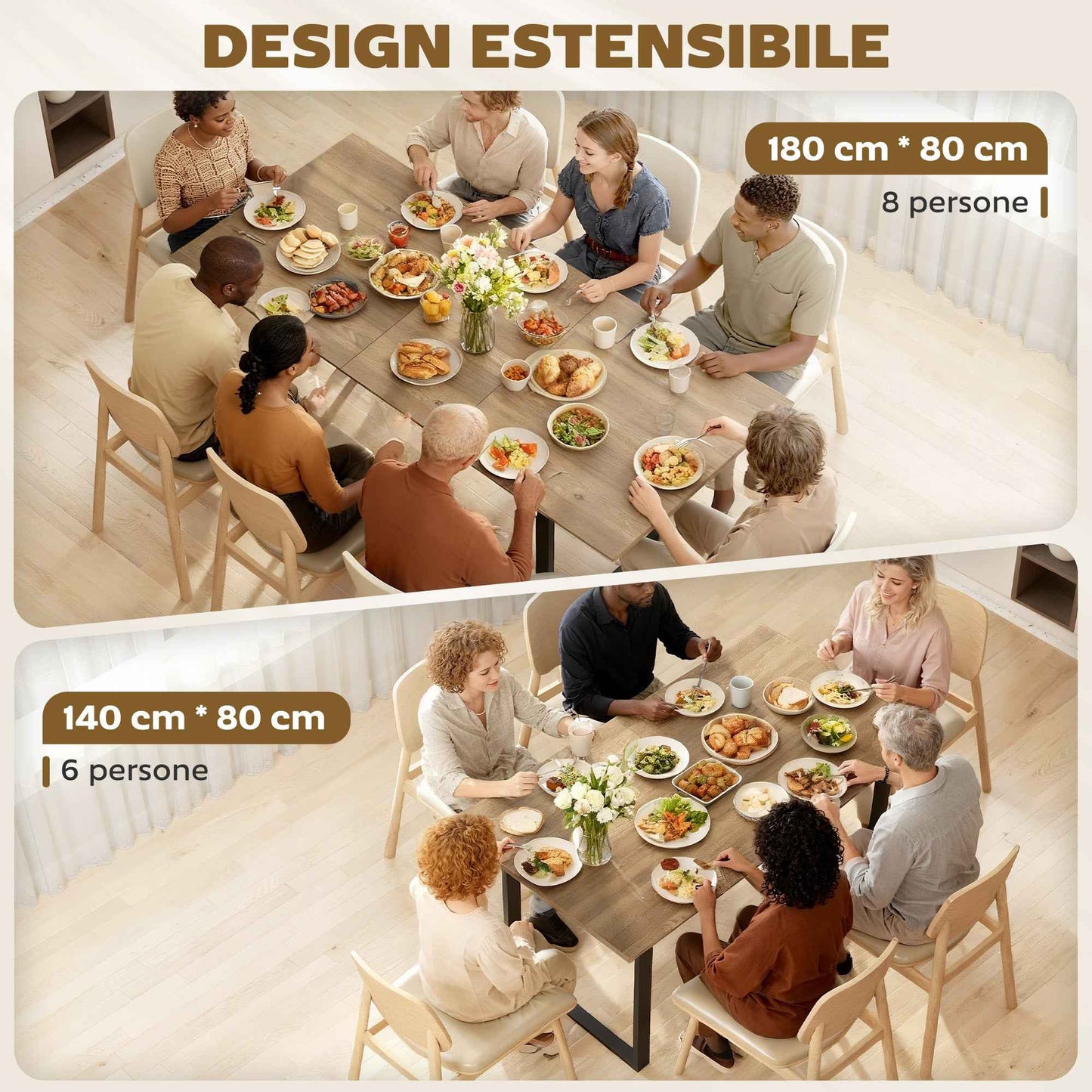 Industrial Dining Table for 6-8 People with Round Drop-Leaf Top, in Wood and Steel, 180x80x75 cm